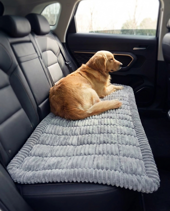 RoadHound Luxe Bed cushion with dog lying in car back seat