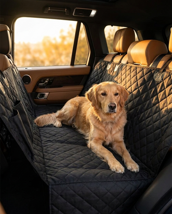 Dog relaxing on RoadHound protector in golden hour light